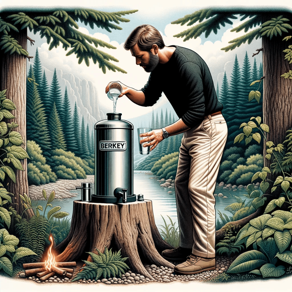 Plan de travail avec filtres black berkey, 8,5 litres pour ce purificateur d’eau utilisant la gravité.