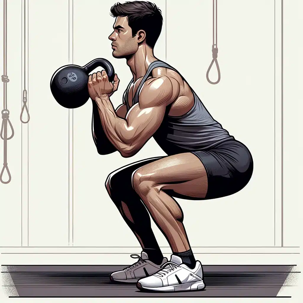 Kettlebell squats ou goblet squat, position de départ, girya, google ou youtube avec variante