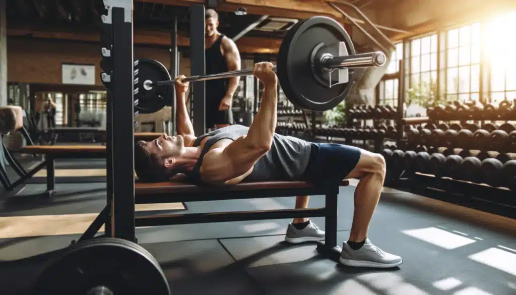 Exercices pour muscler la partie de la cage thoracique sans accident avec un coach sur un banc de musculation 