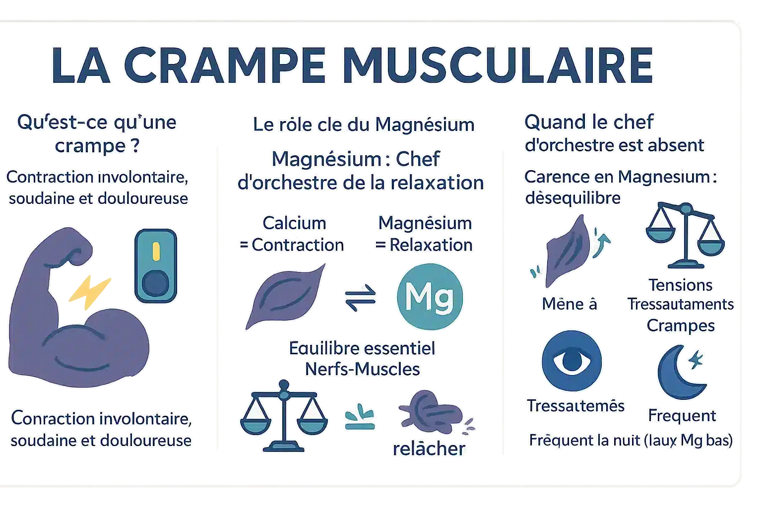 Schéma de la relation entre <strong>le magnésium, les crampes musculaires et la relaxation</strong>