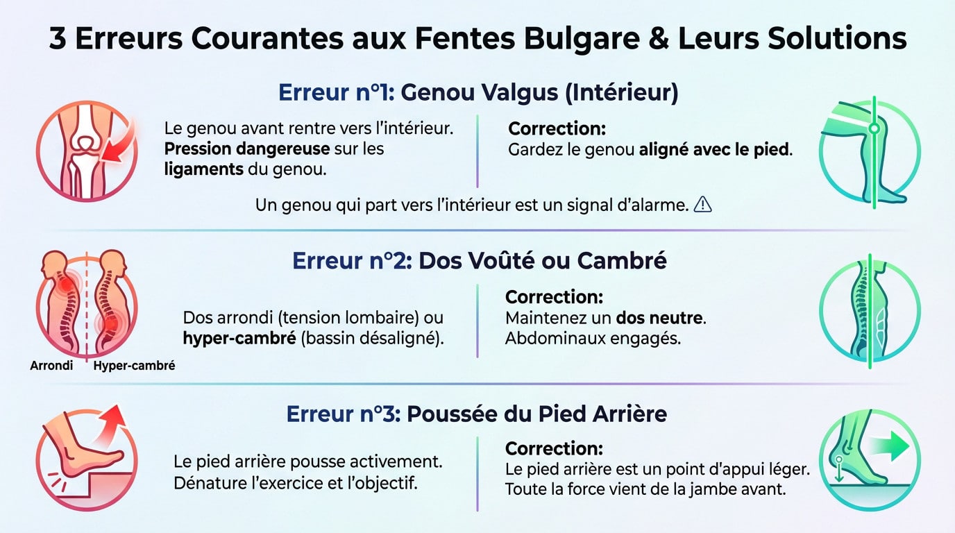 Illustration des erreurs fréquentes aux fentes bulgares et la bonne posture