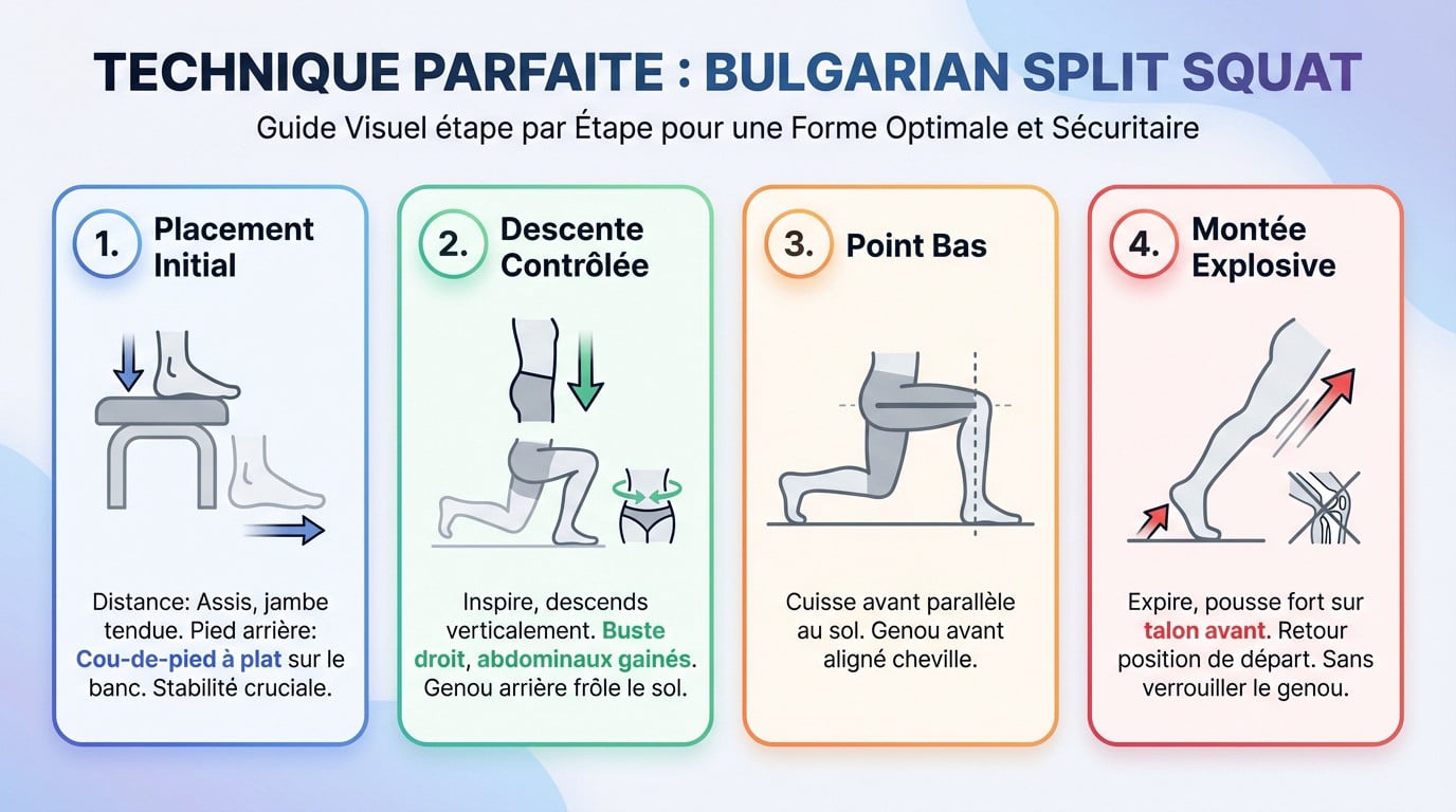 Démonstration de la technique du split squat bulgare avec placement correct du pied arrière et alignement du genou