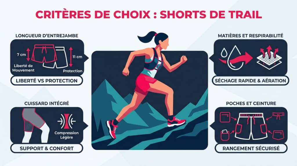 Infographie des critères de choix pour un short de trail femme, incluant longueur, cuissard intégré, respirabilité et poches.