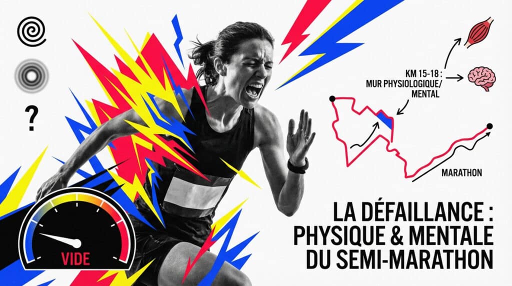 Coureuse en plein effort, explosions colorées. Jauge vide et diagramme illustrent le mur physique/mental du semi-marathon (KM 15-18).