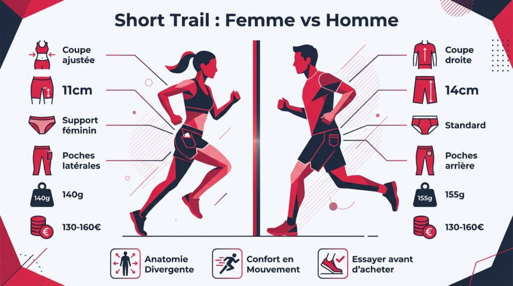 Infographie comparant les shorts de trail femme et homme : coupe, longueur, support, poches, poids et prix.