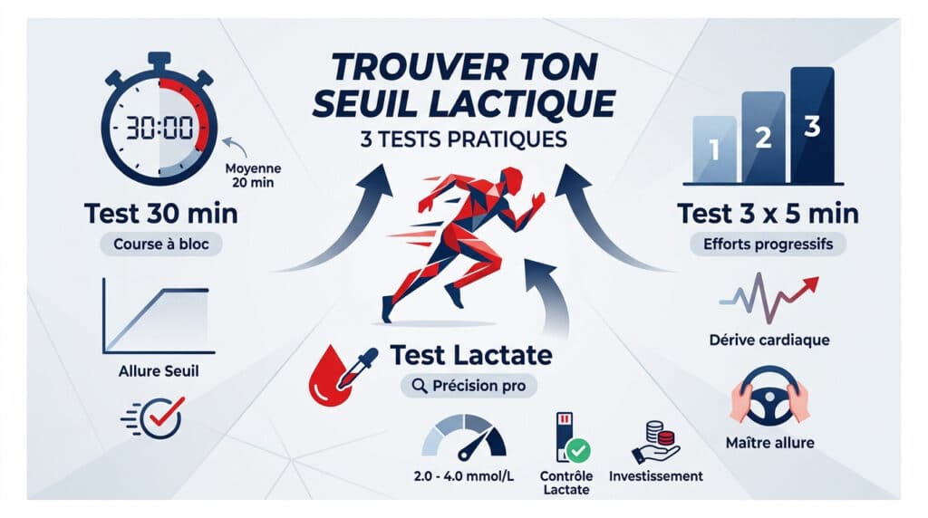 Infographie expliquant comment trouver le seuil lactique en running avec trois tests : 30 min, lactate sanguin et 3x5 min progressifs.