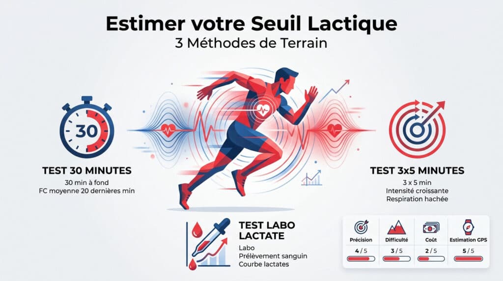 Infographie expliquant comment estimer le seuil lactique en running avec 3 méthodes de terrain et une méthode laboratoire.