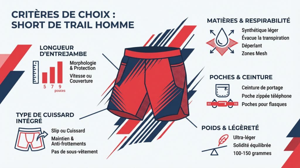 Infographie sur les critères de choix d'un short de trail homme, détaillant longueur, cuissard, matières, poches et poids.
