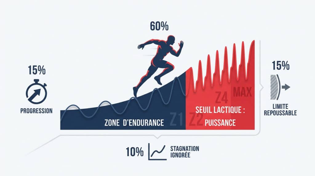Infographie illustrant le seuil lactique et les zones d'entraînement en running (endurance, puissance) pour la progression.