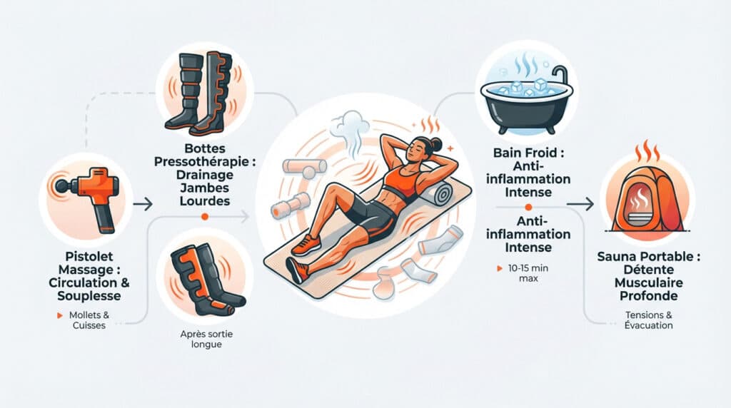 Infographie illustrant une routine de récupération post-effort avec pistolet de massage, bottes de pressothérapie, bain froid et sauna portable.