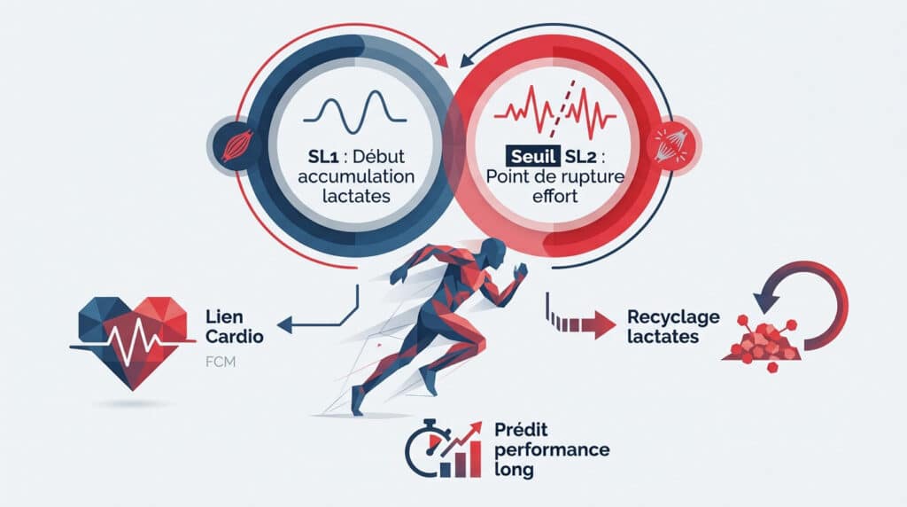 Infographie des seuils lactiques en running montrant SL1, SL2, le recyclage des lactates et l'impact sur la performance.