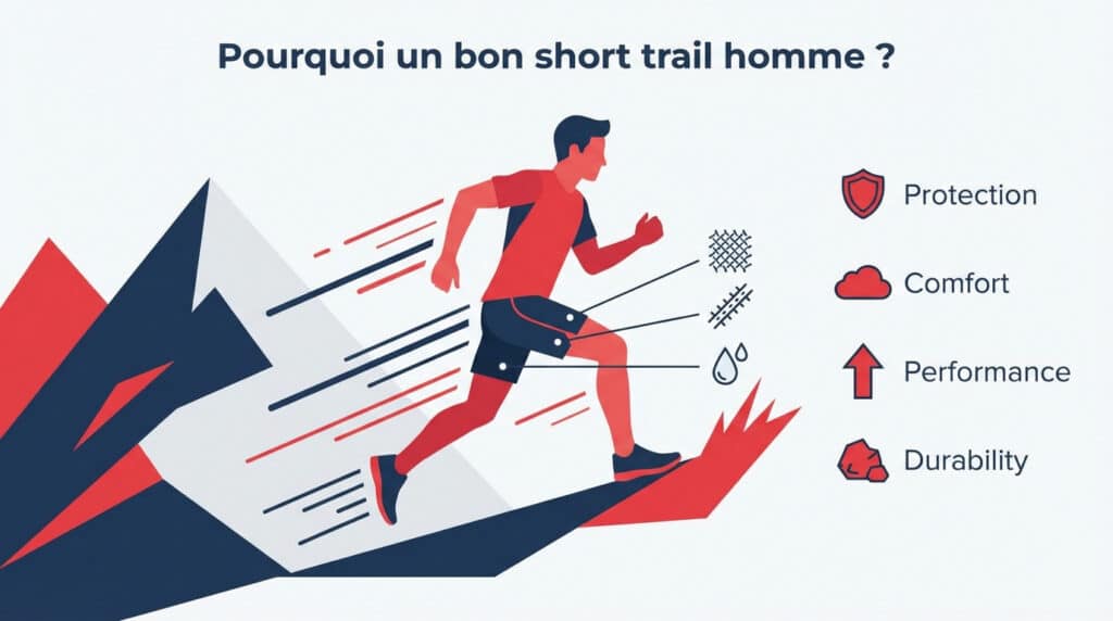 Illustration d'un coureur de trail et des avantages d'un bon short : protection, confort, performance, durabilité et propriétés textiles.