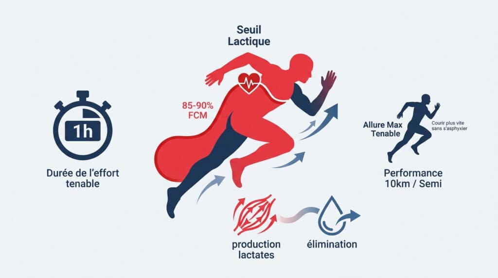 Infographie sur le seuil lactique : runner, 85-90% FCM, équilibre lactates, 1h d'effort soutenu, amélioration des performances en course.