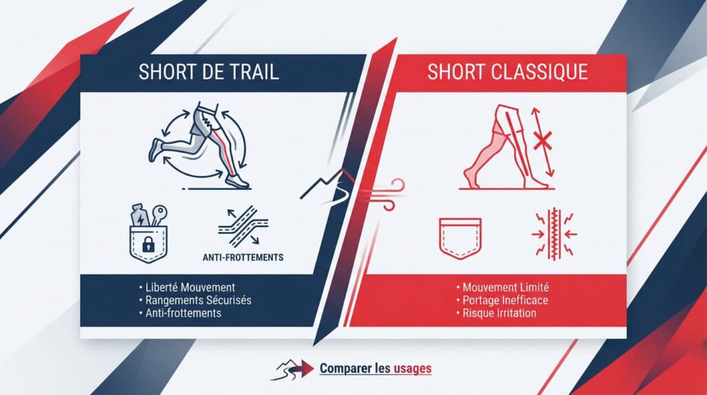 Infographie comparant les caractéristiques d'un short de trail (liberté, rangements, anti-frottements) et d'un short classique (mouvement limité, irritation).