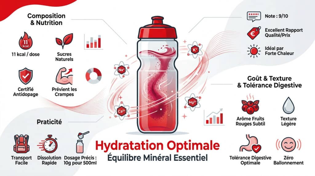 Infographie détaillant la composition, la nutrition et l'utilisation de la boisson d'effort Mulebar avec une gourde rouge.