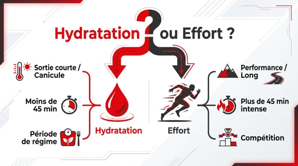 Infographie comparant les besoins en hydratation et en nutrition énergétique pour les sportifs selon l'intensité.