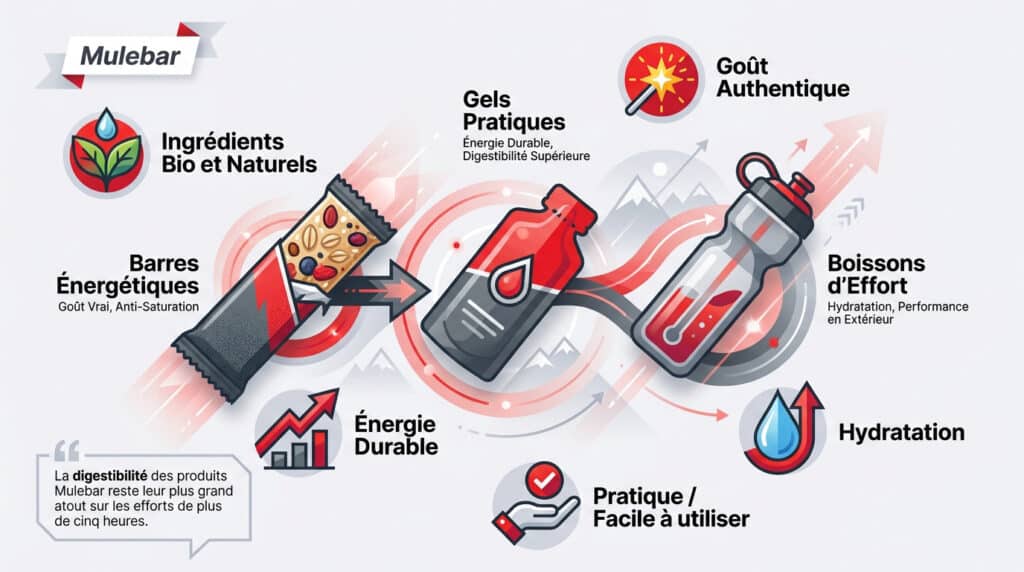 Infographie présentant les barres, gels et boissons énergétiques Mulebar avec leurs avantages nutritionnels.