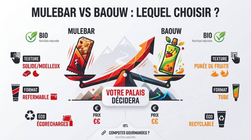 Infographie comparant les barres Mulebar et les purées Baouw avec une balance illustrée sur fond de montagnes.