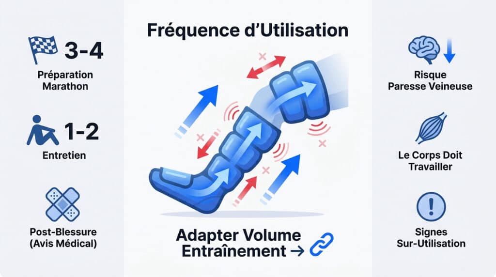 Infographie sur la fréquence d'utilisation des bottes de compression pour les sportifs, incluant conseils et risques.