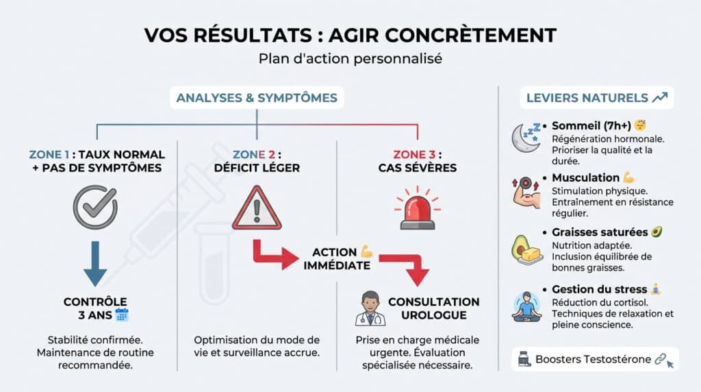 Infographie expliquant les actions à suivre selon le taux de testostérone, du niveau normal aux cas sévères.