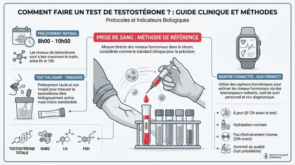 Infographie expliquant les méthodes de test de testostérone, incluant la prise de sang, le test salivaire et les montres.